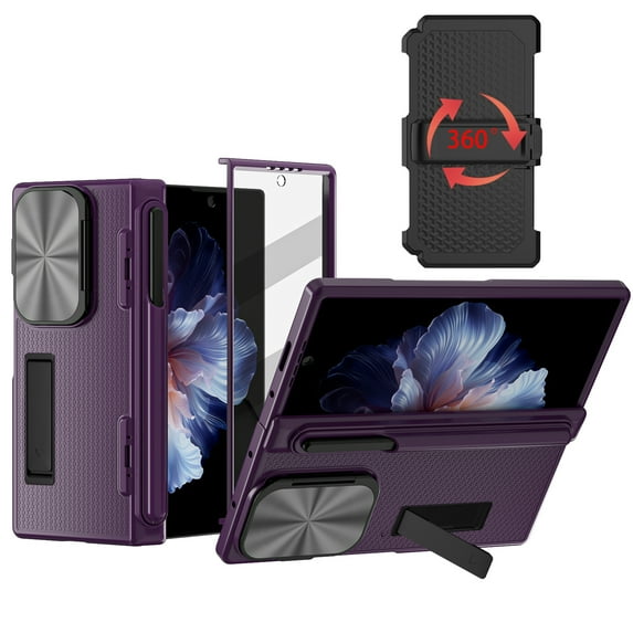 Dteck for Samsung Galaxy Z Fold 6 Case with S Pen Slot & Hinge Protection Tempered Glass Screen Protector Full-Body Military Drop Phone Case for Z Fold 6 Case with Kickstand & Belt Clip,Purple