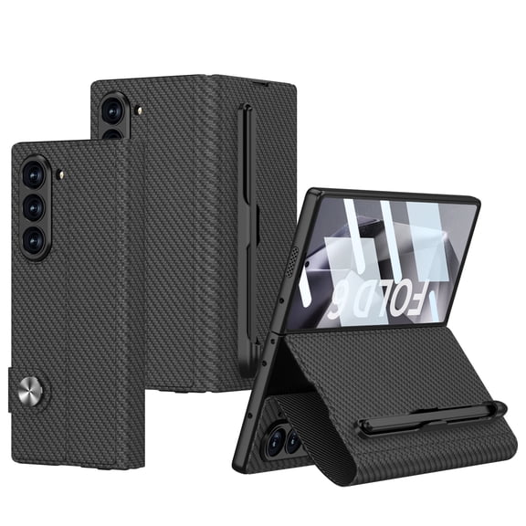 Dteck for Samsung Galaxy Z Fold 6 Case with S Pen Slot & Kickstand, Built-in Screen Protector Full-Body Protection Magnetic Closure Leather Flip Case for Z Fold 6,Black (Carbon Fiber Pattern)