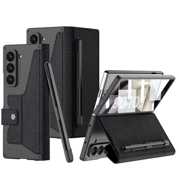 Dteck for Samsung Galaxy Z Fold 6 Case with Screen Protector, Full Body Military Armor Cases Full Body Protective Anti-Scratch Wallet Card Hard Slim Leather Bracket Case, Lychee Pattern