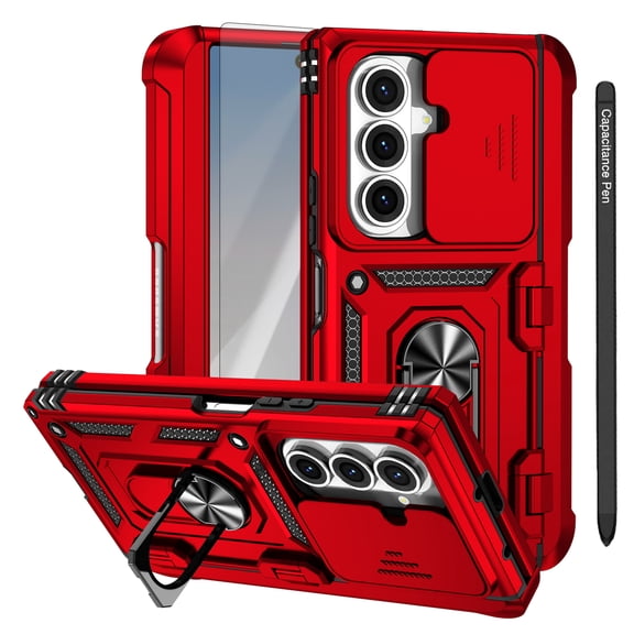 Dteck for Samsung Galaxy Z Fold 6 Case with Screen Protector, Hinge Protection with S Pen Holder + Stylus, Z Fold 6 Case with Slide Lens Cover Built-in Ring Kickstand Full-Body Drop Protection,Red