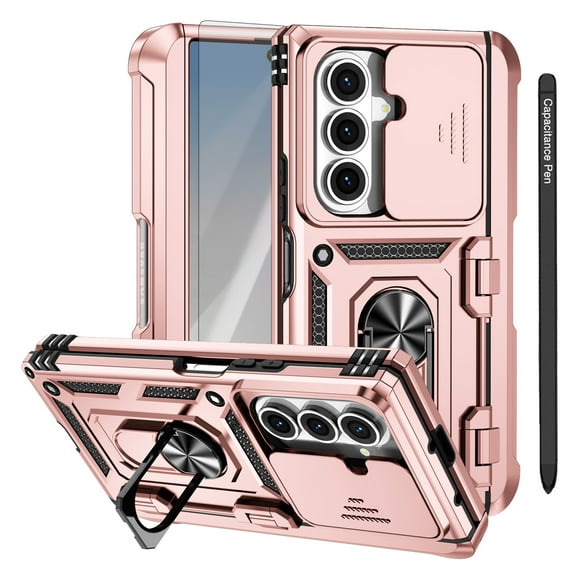 Dteck for Samsung Galaxy Z Fold 6 Case with Screen Protector,Hinge Protection with S Pen Holder + Stylus, Z Fold 6 Case with Slide Lens Cover Built-in Ring Kickstand Rugged Case,Rosegold
