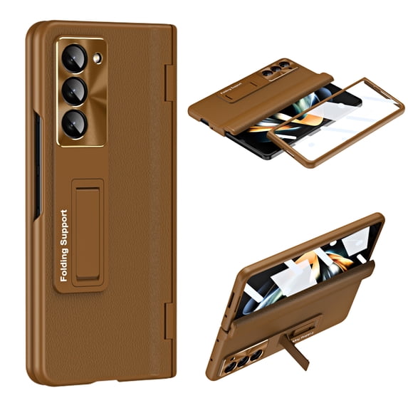 Dteck for Samsung Galaxy Z Fold 6 Case with Screen Protector, Hinge Protector Fine Leather & Metal Protective Phone Case with Kickstand for Galaxy Z Fold6, Coffee