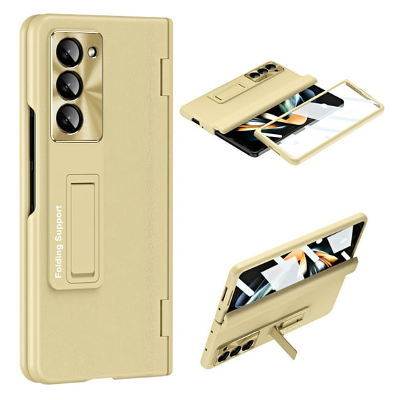 Dteck for Samsung Galaxy Z Fold 6 Case with Screen Protector, Hinge Protector Fine Leather & Metal Protective Phone Case with Kickstand for Galaxy Z Fold6, Gold
