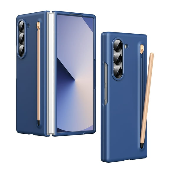 Dteck for Samsung Galaxy Z Fold 6 Case with Tempered Glass Screen Protector, Durable Hard Rugged Case with S Pen Holder + Free Stylus for Galaxy Z Fold 6,Blue