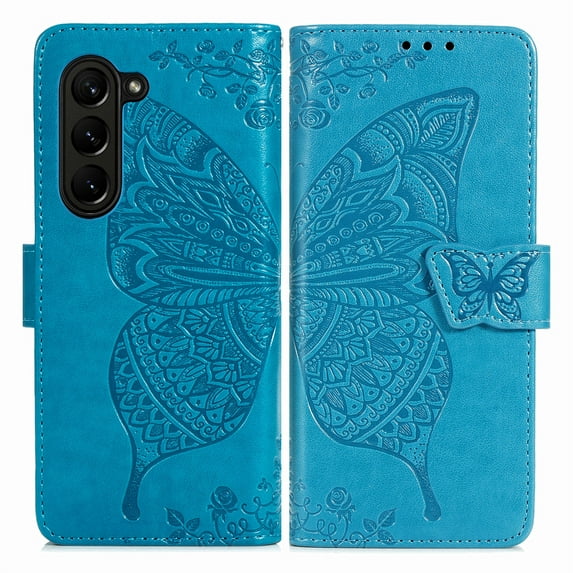 Dteck for Samsung Galaxy Z Fold 6 Case Wallet with Credit Card Slots, Embossed Butterfly PU Leather Folio Flip Case with Wristlet Strap for Samsung Galaxy Z Fold6 5G,Blue