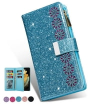 Dteck for Samsung Galaxy Z Fold 6 Case, Z Fold6 5G Wallet Case for Women Men with Card Holder Zipper Wristlet Luxury PU Leather Case for Samsung Galaxy Z Fold 6,Blue