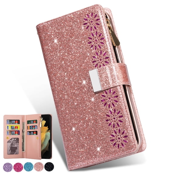 Dteck for Samsung Galaxy Z Fold 6 Case, Z Fold6 5G Wallet Case for Women Men with Card Holder Zipper Wristlet Luxury PU Leather Case for Samsung Galaxy Z Fold 6,Rosegold