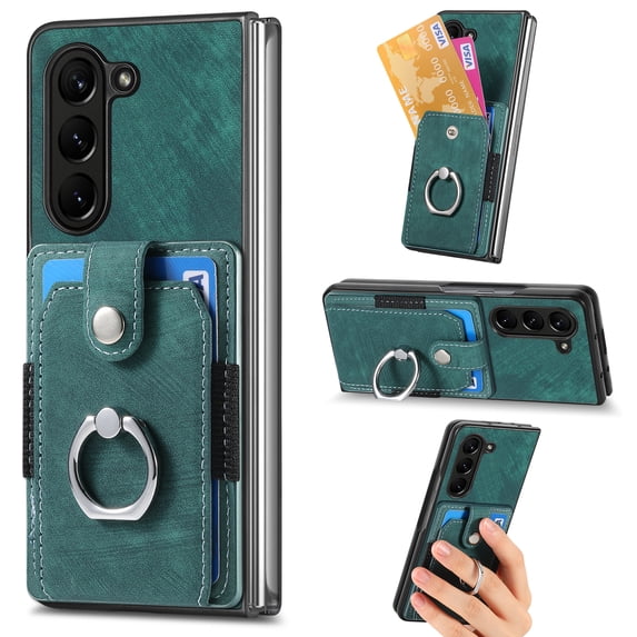 Dteck for Samsung Galaxy Z Fold 6 Wallet Case with Credit Card Slot Holder, Shockproof Ring Stand for Car Mount Holder Non-Slip Slim PU Leather Slim Fit Case,Green