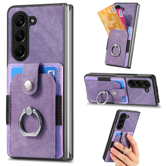 Dteck for Samsung Galaxy Z Fold 6 Wallet Case with Credit Card Slot Holder, Shockproof Ring Stand for Car Mount Holder Non-Slip Slim PU Leather Slim Fit Case,Purple