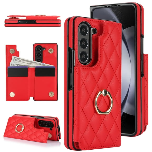 Dteck for Samsung Galaxy Z Fold 6 Wallet Case with Ring and Credit Card Holder, Cash Slot, Premium Leather Magnetic Clasp Kickstand Heavy Duty Protective Cover,Red