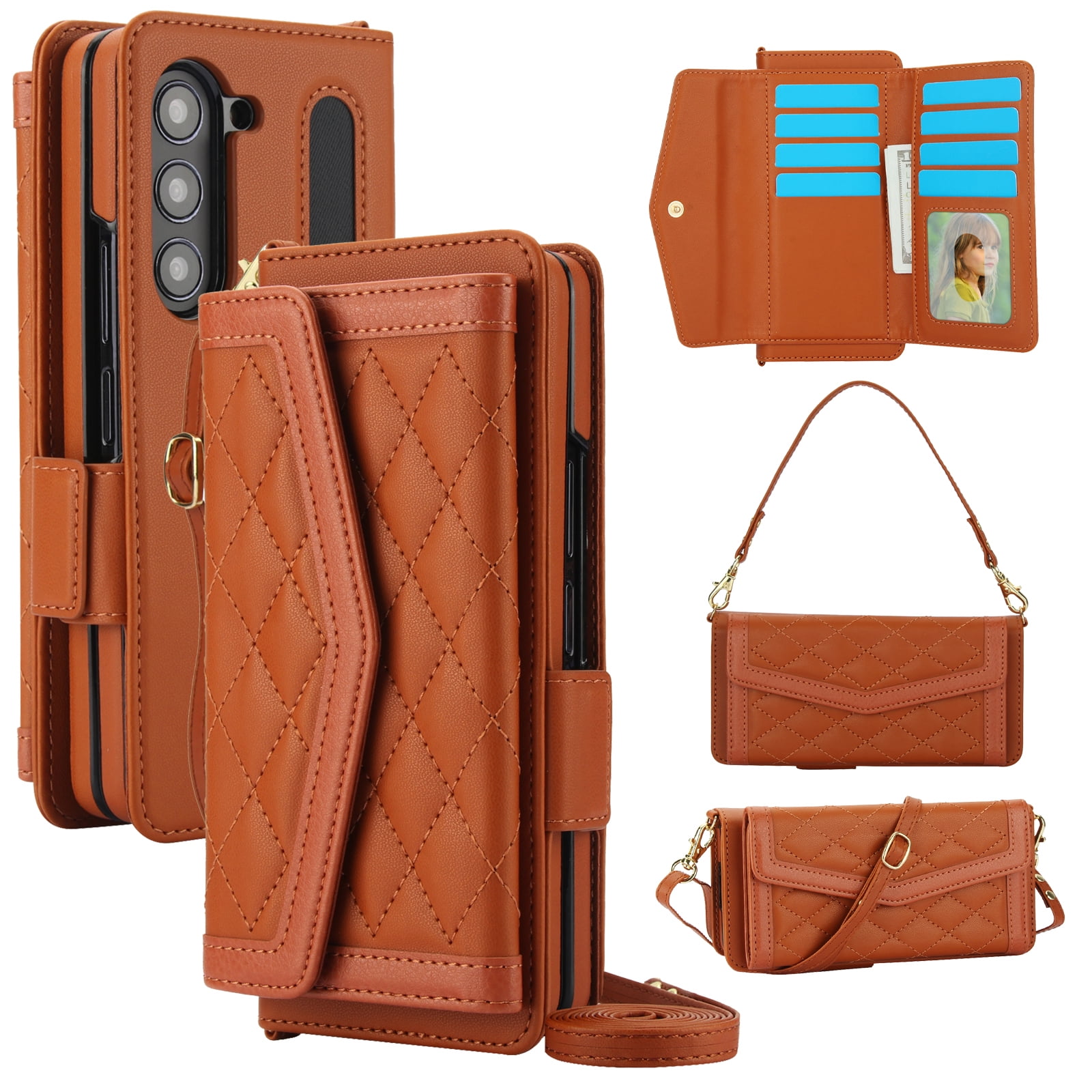 Dteck for Samsung Galaxy Z Fold 6 Wallet Case with S Pen Holder for Women, Crossbody Wallet Z Fold 6 Phone Case with 12-Card Slots, PU Leather Flip Case with Strap Wristlet & Shoulder Strap,Brown