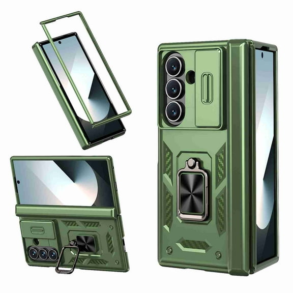 Dteck for Samsung Galaxy Z Fold 7 2025 Case, Heavy Duty Protective Slide Lens Cover Hinge Protection 360 Degree Ring Magnetic Kickstand Rugged Shockproof Full Protective Phone Cover, Green