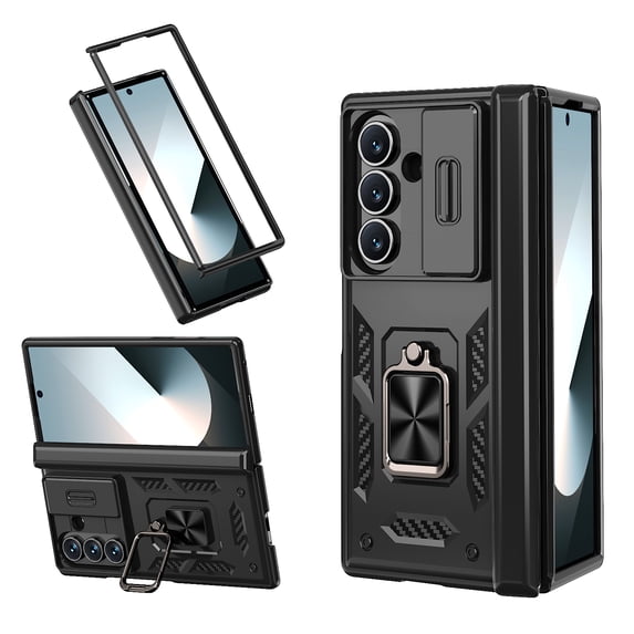 Dteck for Samsung Galaxy Z Fold 7 2025 Case, Heavy Duty Protective Slide Lens Cover Hinge Protection 360 Degree Ring Magnetic Kickstand Rugged Shockproof Full Protective Phone Cover, Black