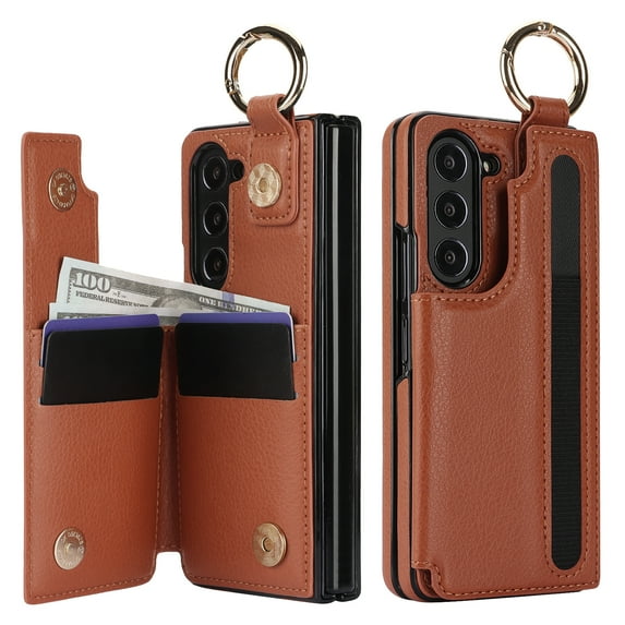 Dteck for Samsung Galaxy Z Fold 7 Case 2025 Wallet with Card Holder S Pen Holder, Premium Leather Magnetic Clasp Kickstand Shockproof Phone Cover with Finger Grip Key Ring,Brown
