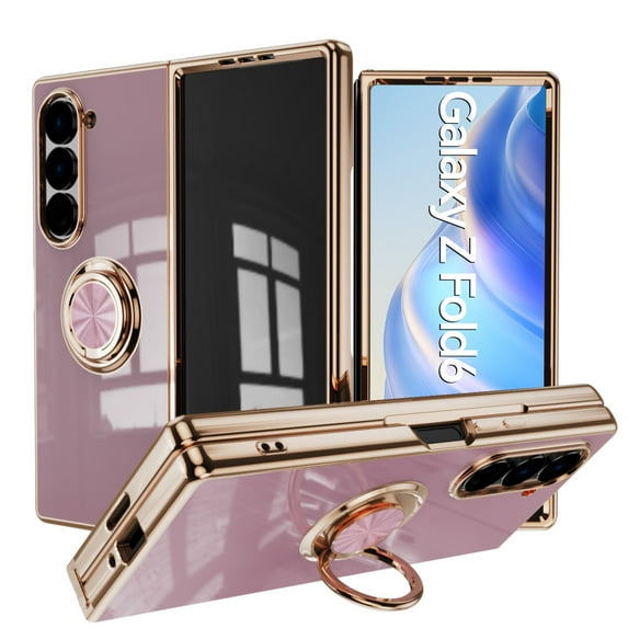 Dteck for Samsung Galaxy Z Fold 7 Case with 360°Ring Holder Kickstand Protection Support Magnetic Car Mount Luxury Gold Plating Edge Slim Shockproof Bumper Phone Cover, Lightpurple