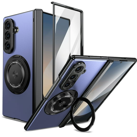 Dteck for Samsung Galaxy Z Fold 7 Case with Magnetic Ring Holder, 360 Rotating Bracket, Hinge Protection & Built-in Front Screen Protector, Slim Anti-Drop Shockproof PC Case,Blue