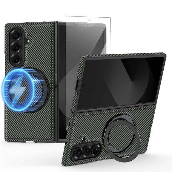 Dteck for Samsung Galaxy Z Fold 7 Case with Magnetic Ring Stand, Compatible with MagSafe, Carbon Fiber Texture Shockproof Slim Fit Anti-Scratch Cover with Screen Protector for Samsung Z Fold 7,Gray