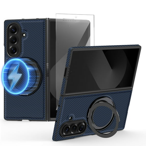 Dteck for Samsung Galaxy Z Fold 7 Case with Magnetic Ring Stand, Compatible with MagSafe, Carbon Fiber Texture Shockproof Slim Fit Anti-Scratch Cover with Screen Protector for Z Fold 7, Deep Blue