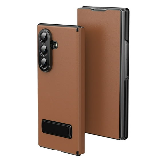 Dteck for Samsung Galaxy Z Fold 7 Case with Stand, Luxury Leather + Hard PC Shell Shockproof Hinge Protection, Slim Fit Scratch Resistant Flip Cover for Samsung Z Fold 7,Brown