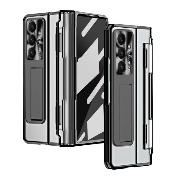 Dteck for Samsung Galaxy Z Fold 7 Hinge Protection Case, Full-Body Protective Phone Cover with Plating Electroplated Transparent Built-in Screen Protector Kickstand Shockproof Case, Black