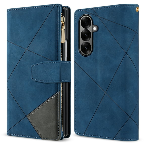 Dteck for Samsung Galaxy Z Fold 7 Wallet Case with 9 Card Slots Zipper Purse, Shockproof RFID Blocking PU Leather Strap Wristlet Flip Case with Magnetic Closure, Blue