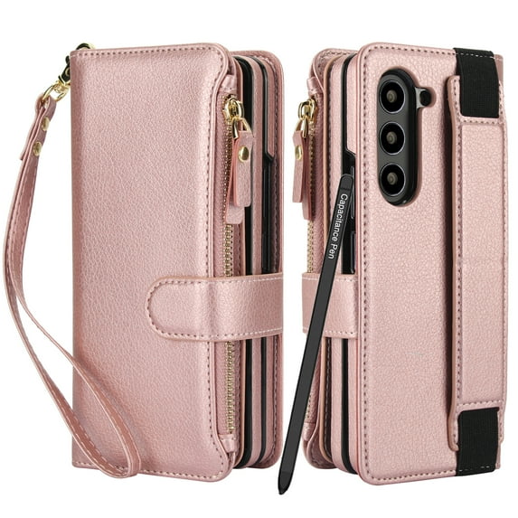 Dteck for Samsung Galaxy Z Fold 7 Wallet Case with Card Holder Zipper Pocket, Built-in S Pen Holder/Stylus/Wrist Strap/Kickstand, Soft PU Leather Protective Cover for Z Fold7,Rosegold