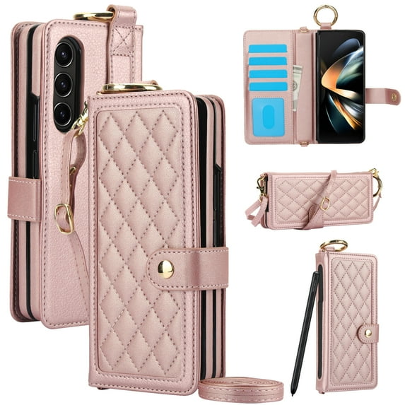 Dteck for Samsung Galaxy Z Fold 7 Wallet Case with S Pen Holder & Crossbody Lanyard Strap & Wrist Strip, Shockproof Stylish Protective Cover for Galaxy Z Fold 7, Rosegold