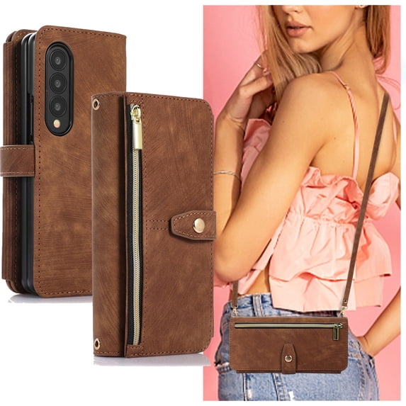 Dteck for Samsung Galaxy Z Fold3 Crossbody Wallet Case with Card Holder Zipper Pocket Lanyard Shoulder Strap, PU Leather Shockproof Protective Flip Cover for Galaxy Z Fold3 5G,Brown