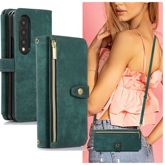 Dteck for Samsung Galaxy Z Fold3 Crossbody Wallet Case with Card Holder Zipper Pocket Lanyard Shoulder Strap, PU Leather Shockproof Protective Flip Cover for Galaxy Z Fold3 5G,Green