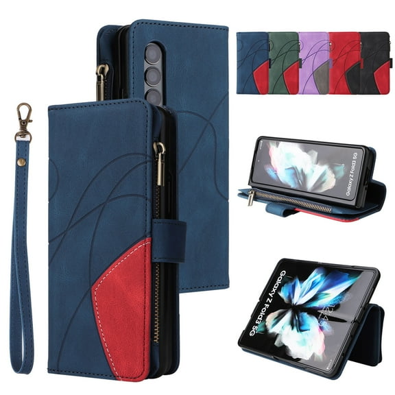 Dteck Samsung Galaxy Z Fold3 Wallet Case Zipper Pocket PU Leather Card Slot Purse Folio Flip Magnetic Phone Cover with Wrist Strap for Samsung Z Fold3 2021,Blue
