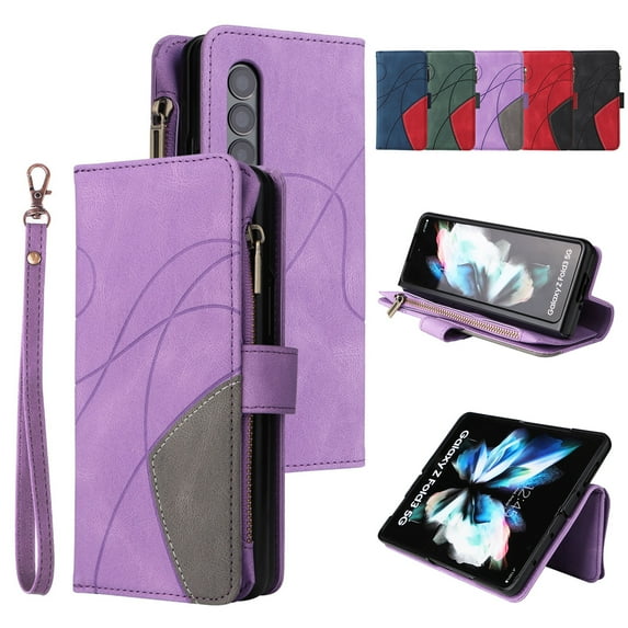 Dteck Samsung Galaxy Z Fold3 Wallet Case Zipper Pocket PU Leather Card Slot Purse Folio Flip Magnetic Phone Cover with Wrist Strap for Samsung Z Fold3 2021,Purple