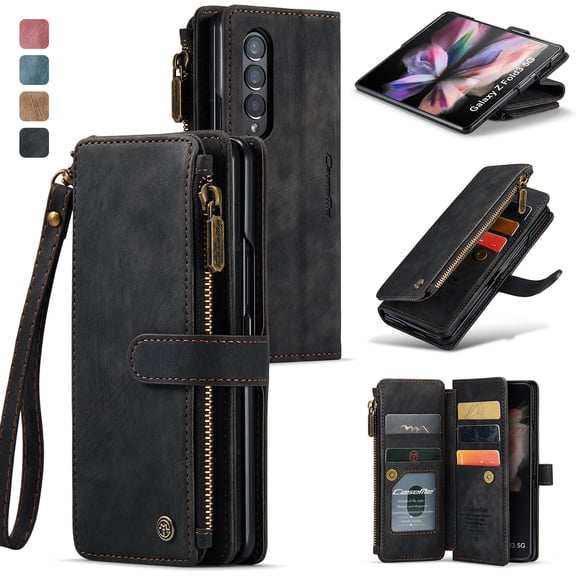 Dteck Samsung Galaxy Z Fold4 Wallet Case with Hand Strap, Heavy Duty PU Leather Zipper Folio Flip Case with Magnetic Closure, 5 Card Slots and Kickstand,Black