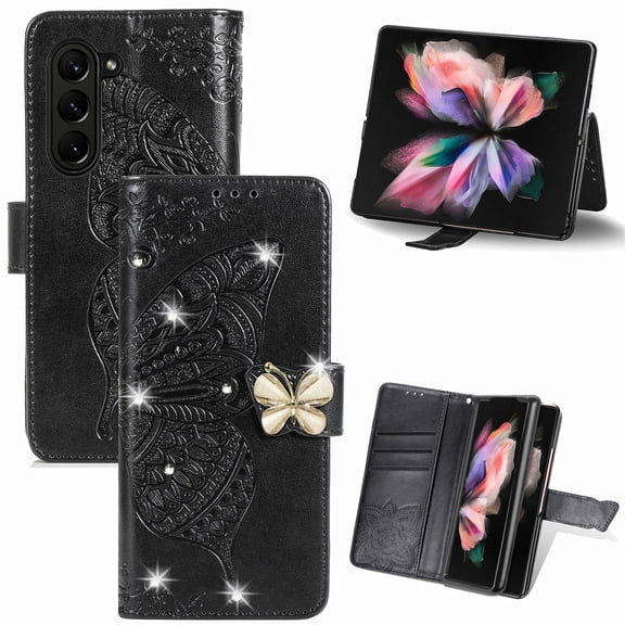 Dteck for Samsung Galaxy Z Fold5 Case Wallet for Women, Flip Folio Cover with Butterfly Embossed Diamond PU Leathe Stand Card Holder Protective Case with Wrist Strap,Black