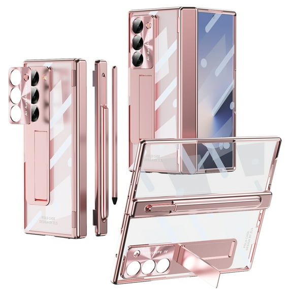 Dteck for Samsung Galaxy Z Fold6 Case with Slim Pen, Fold 6 Pen with S Pen Holder + Camera Lens Film + Front Screen Protector + Kickstand, Luxury Crystal Clear Case for Galaxy Z Fold6 5G 2024,Rosegold