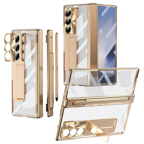 Dteck for Samsung Galaxy Z Fold6 Case with Slim Pen, Fold 6 Pen with S Pen Holder + Camera Lens Film + Front Screen Protector + Kickstand, Luxury Crystal Clear Case for Galaxy Z Fold6 5G 2024,
Gold