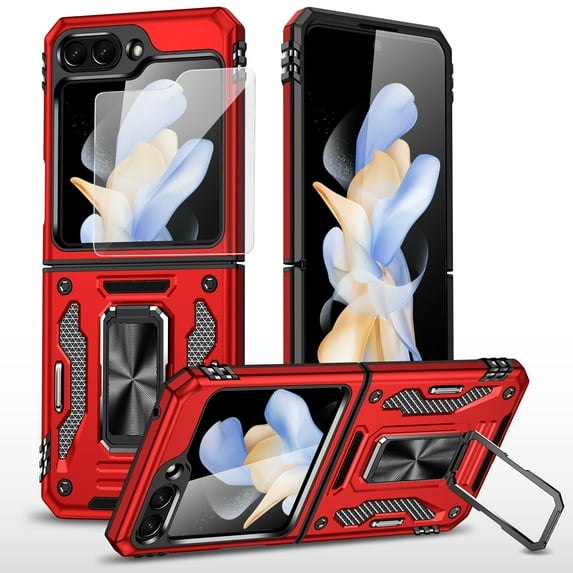 Dteck for Samsung Galazy Z Flip 5 Case, Galaxy Z Flip 5 Case with Screen Protector, Samsung Z Flip 5 Phone Case with Rotate Ring Magnetic Kickstand,Red