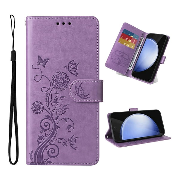 Dteck for Samsung Galxy S24 FE Case, Embossed Butterfly PU Leather Wallet Flip Case with Card Holder Kickstand Shockproof Phone Cover for Samsung Galaxy S24 FE 5G,Purple