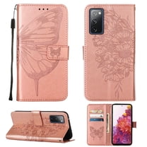 Dteck Samsung S20 FE Case, Butterfly Patterned Wallet Case, Magnetic Hand Strap Credit Card Holder Slots Synthetic Leather Kickstand Protective Cover For Samsung Galaxy S20 FE, Rosegold