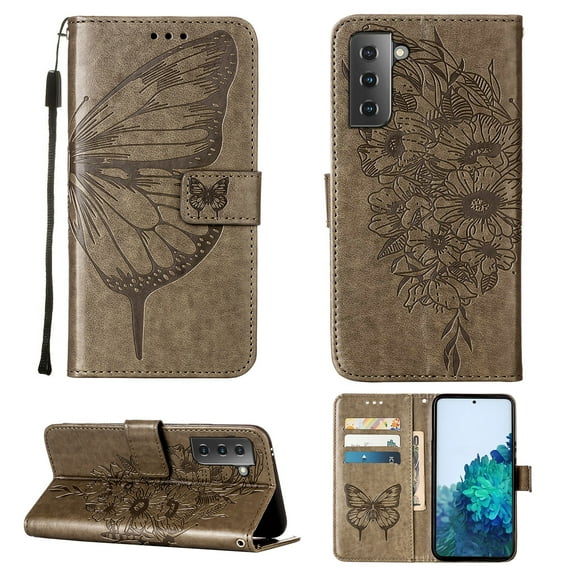 Dteck Samsung S21 Case, Butterfly Patterned Wallet Case, Magnetic Hand Strap Credit Card Holder Slots Synthetic Leather Kickstand Protective Cover For Samsung Galaxy S21, Gray