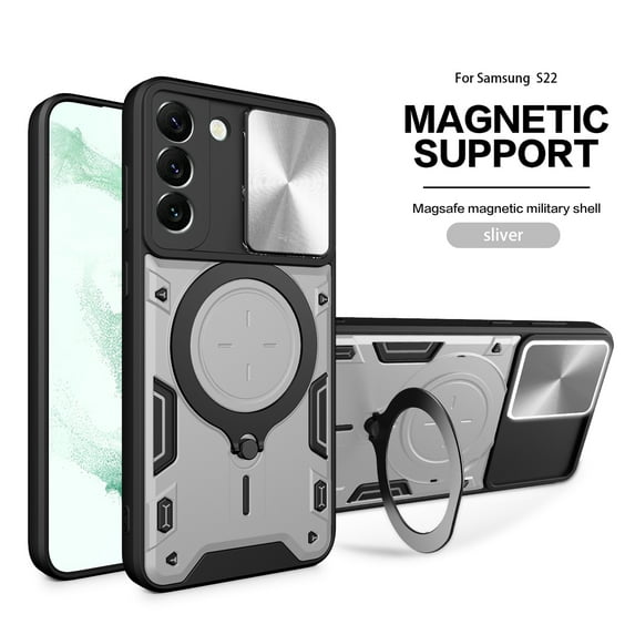 Dteck for Samsung S21 FE Slide Lens Protection Case, Shockproof Magnetic Metal Ring Holder Kickstand Support Magnetic Shell, Heavy Duty Hybrid TPU PC Dual Layer Phone Cover, silver