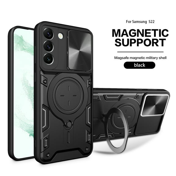 Dteck for Samsung S21 Plus Slide Lens Protection Case, Shockproof Magnetic Metal Ring Holder Kickstand Support Magnetic Shell, Heavy Duty Hybrid TPU PC Dual Layer Phone Cover, black