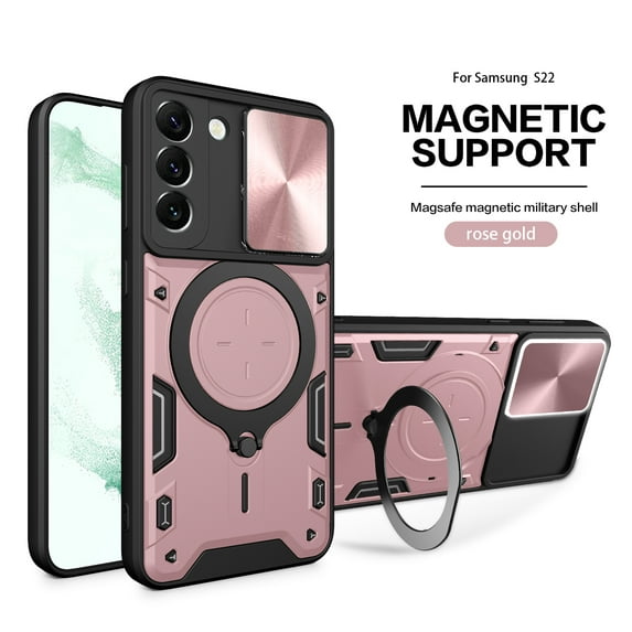Dteck for Samsung S21 Slide Lens Protection Case, Shockproof Magnetic Metal Ring Holder Kickstand Support Magnetic Shell, Heavy Duty Hybrid TPU PC Dual Layer Phone Cover, pink