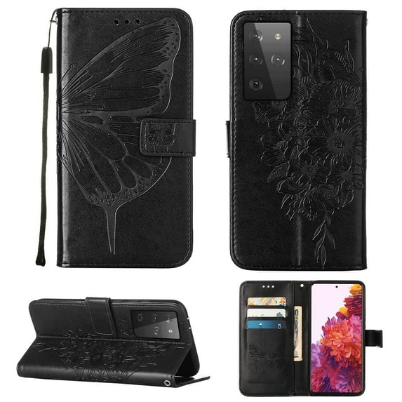 Dteck Samsung S21 Ultra Wallet Case, Magnetic Closure Flip PU Leather Wrist Strap Credit Card Holder Slots With Kickstand Butterfly Patterned Shockproof Cover For Samsung Galaxy S21 Ultra, Black