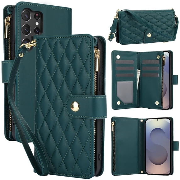 Dteck for Samsung S22 Plus Case, Crossbody Shoulder Strap RFID Blocking Shockproof Magnetic Closure Flip Stand Card Slot Wallet Zipper Lanyard Phone Case Cover, Green