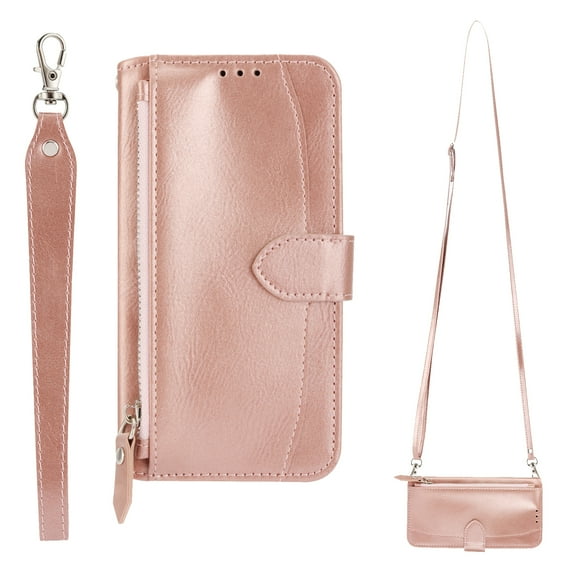 Dteck for Samsung S22 Plus Wallet Case, Zipper Pouch Card Holder Case with Crossbody Strap PU Leather Magnetic Kickstand Handbag Protective Case Cover for Samsung Galaxy S22 Plus - 6.6", Rosegold