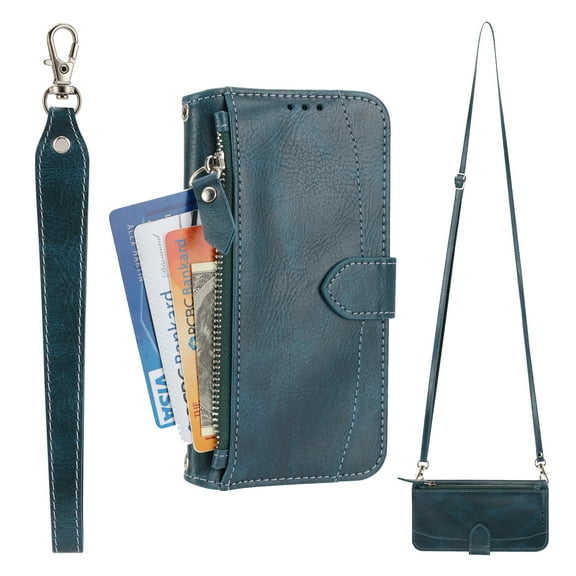 Dteck for Samsung S22 Plus Wallet Case, Zipper Pouch Card Holder Case with Crossbody Strap PU Leather Magnetic Kickstand Handbag Protective Case Cover for Samsung Galaxy S22 Plus - 6.6", Green