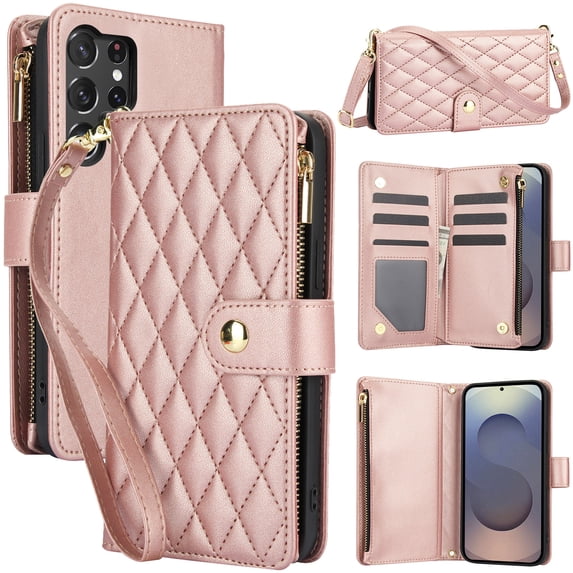 Dteck for Samsung S22 Ultra Case, Crossbody Shoulder Strap RFID Blocking Shockproof Magnetic Closure Flip Stand Card Slot Wallet Zipper Lanyard Phone Case Cover, Rosegold