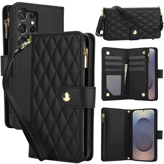 Dteck for Samsung S22 Ultra Case, Crossbody Shoulder Strap RFID Blocking Shockproof Magnetic Closure Flip Stand Card Slot Wallet Zipper Lanyard Phone Case Cover, Black