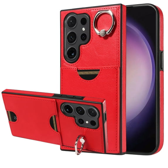 Dteck for Samsung S22 Ultra Case, Shockproof PU Leather Back Walet Card Slots with Finger Ring Holder Kickstand Basic Phone Case for Galaxy S22 Ultra,Red