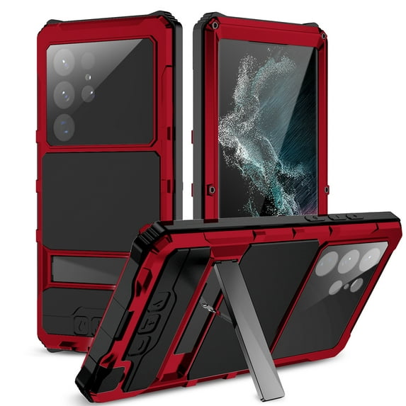 Dteck for Samsung S22 Ultra Metal Case with Screen Protector Camera Protector Military Rugged Heavy Duty Shockproof Case with Stand Full Cover Tough Kickstand case for Samsung S22 Ultra, Red